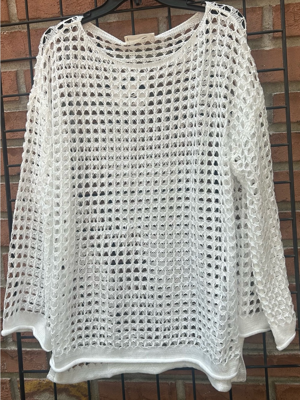 Women's White Open-Weave Crewneck Sweater